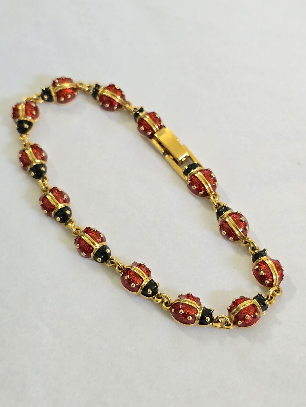 Vintage Lady Bug Enamel Tennis Bracelet Red And Gold Bug Link - Picture 2 of 7